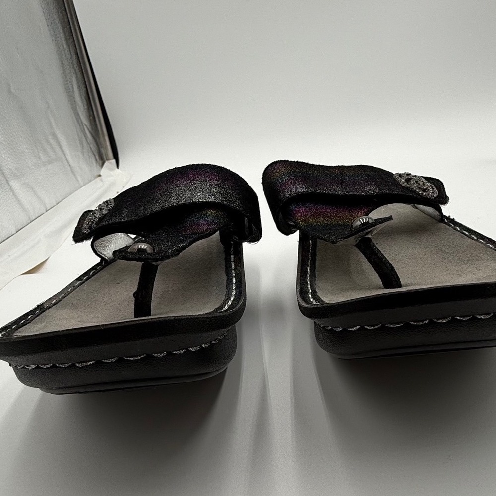 Alegria Carina Rainbow Metallic Leather Thong Sandals Black Rhinestone Rose 38 - Picture 2 of 10